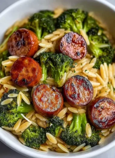Chicken Sausage and Broccoli Orzo dish garnished and ready to serve