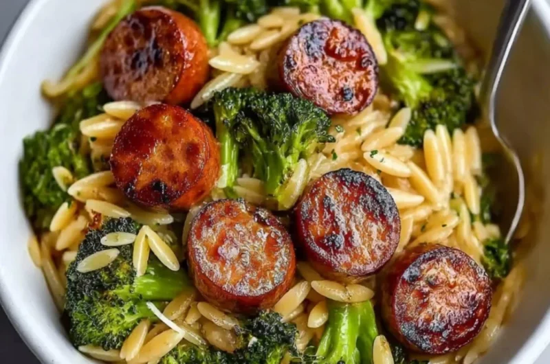 Chicken Sausage and Broccoli Orzo dish garnished and ready to serve