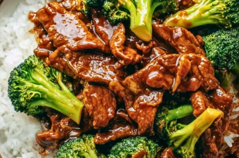Delicious plate of Chinese beef and broccoli served with rice