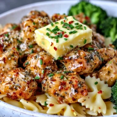 Delicious Cowboy Butter Lemon Bowtie Chicken served with broccoli on a plate