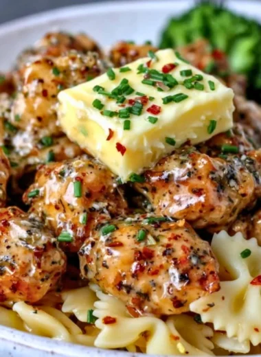 Delicious Cowboy Butter Lemon Bowtie Chicken served with broccoli on a plate