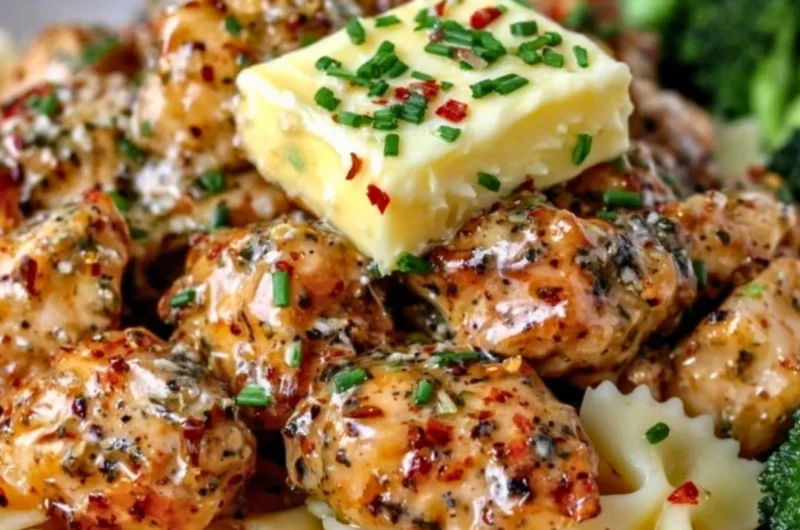 Delicious Cowboy Butter Lemon Bowtie Chicken served with broccoli on a plate