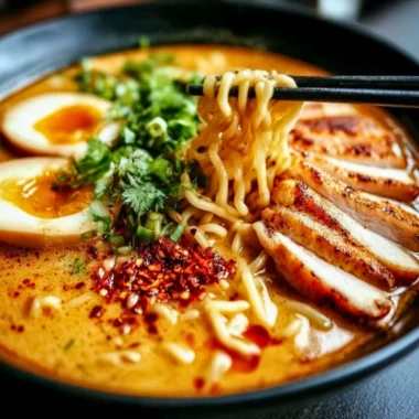 Bowl of creamy garlic chicken ramen with green onions and herbs