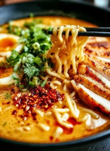 Bowl of creamy garlic chicken ramen with green onions and herbs