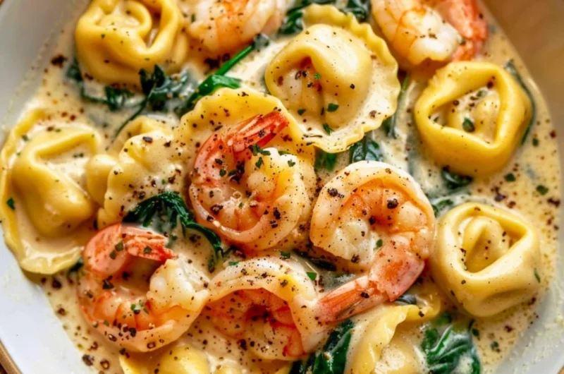 Creamy shrimp and spinach tortellini dish served in a bowl
