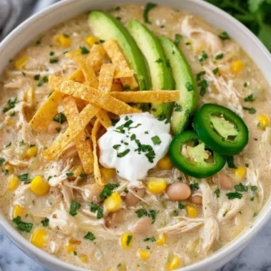 Creamy white chicken chili in a bowl with toppings, showcasing its delicious texture.
