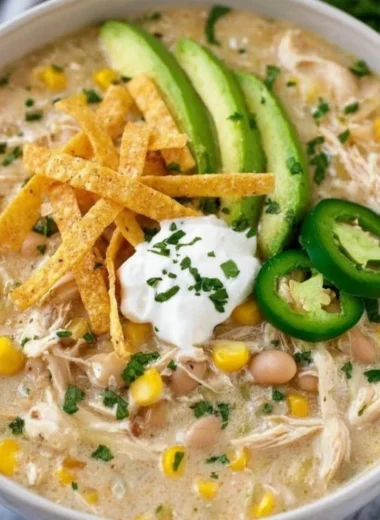 Creamy white chicken chili in a bowl with toppings, showcasing its delicious texture.