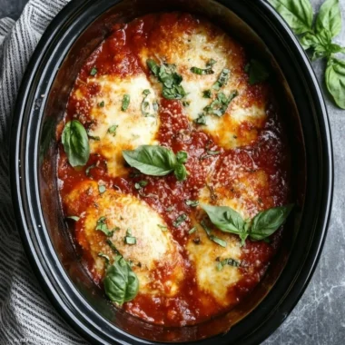 Crockpot Chicken Parmesan with melted cheese and marinara sauce