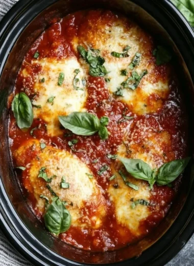 Crockpot Chicken Parmesan with melted cheese and marinara sauce