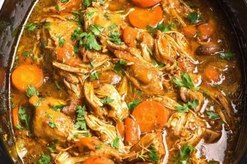 Delicious crockpot chicken thigh pot roast served with vegetables.