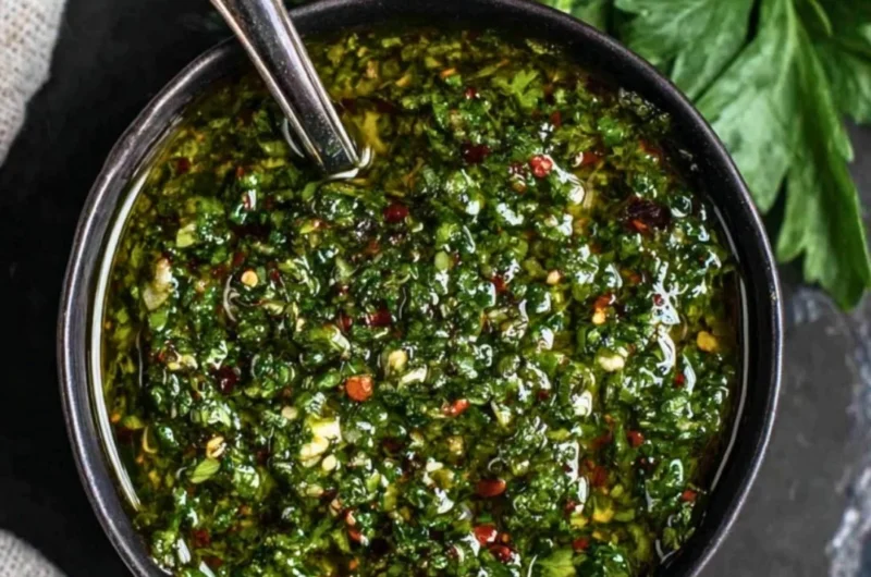Fresh chimichurri sauce in a small bowl with herbs and garlic