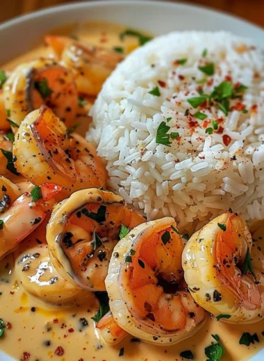 Plate of easy creamy garlic shrimp garnished with herbs and served with pasta.