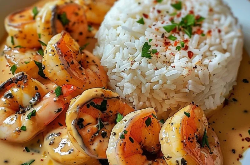 Plate of easy creamy garlic shrimp garnished with herbs and served with pasta.