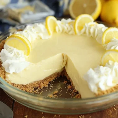 Slice of easy lemon cream pie on a plate with lemon slices