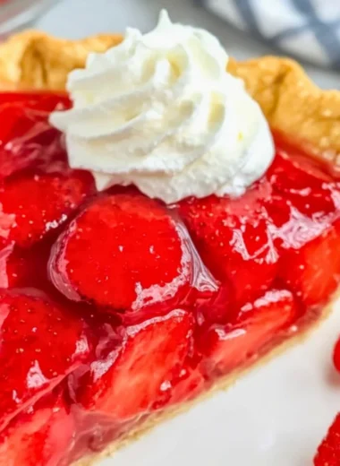 Easy Shoney’s Strawberry Pie topped with fresh strawberries and whipped cream
