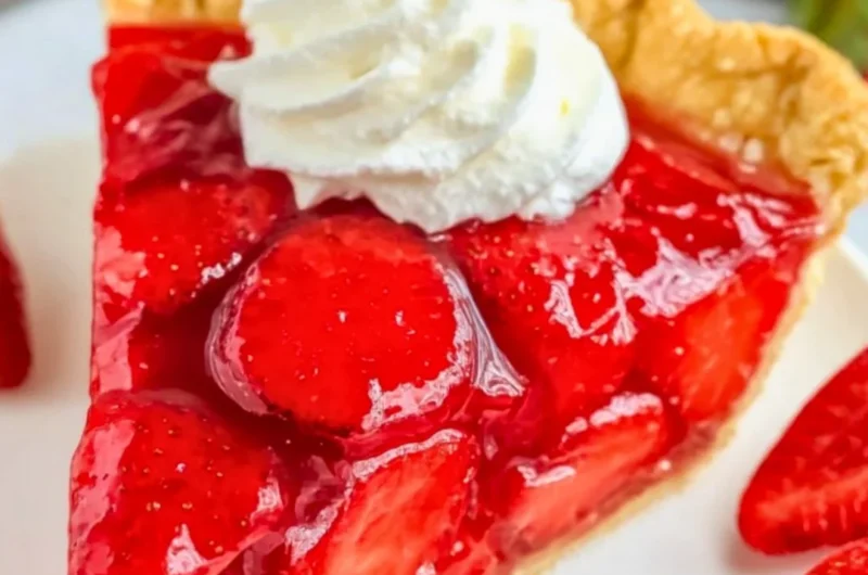 Easy Shoney’s Strawberry Pie topped with fresh strawberries and whipped cream
