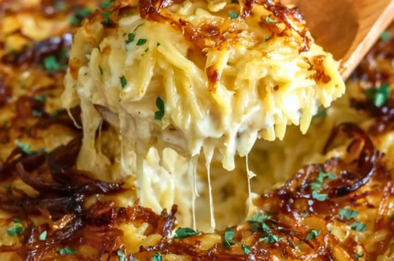 French Onion Chicken Orzo Casserole topped with melted cheese and onions