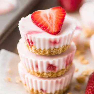Frozen strawberry yogurt bites on a plate garnished with fresh strawberries