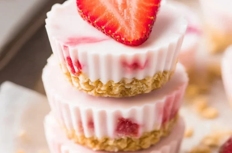 Frozen strawberry yogurt bites on a plate garnished with fresh strawberries
