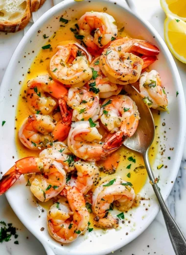 Delicious garlic butter shrimp scampi served with pasta and parsley garnish