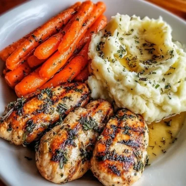 Garlic herb chicken served with creamy mashed potatoes and glazed carrots