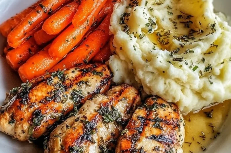 Garlic herb chicken served with creamy mashed potatoes and glazed carrots