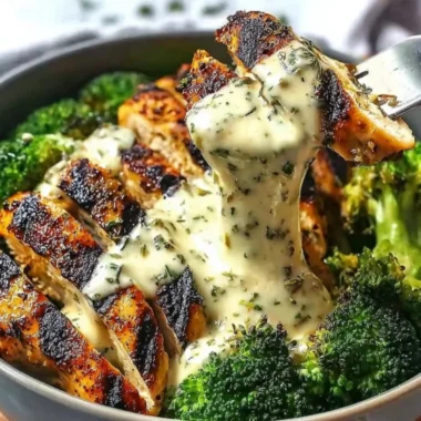 Grilled chicken and broccoli bowls with creamy garlic sauce recipe