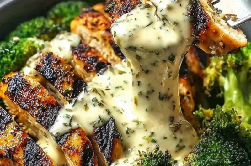 Grilled chicken and broccoli bowls with creamy garlic sauce recipe