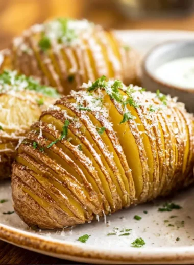 Crispy Hasselback Potatoes topped with herbs and spices