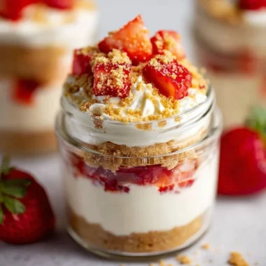 High protein cheesecake jars filled with creamy cheesecake mixture and toppings.