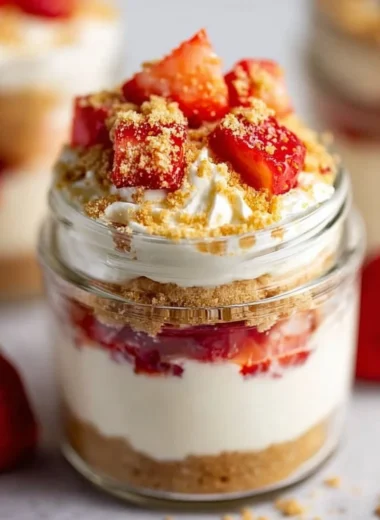 High protein cheesecake jars filled with creamy cheesecake mixture and toppings.