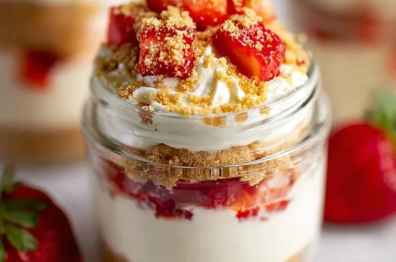 High protein cheesecake jars filled with creamy cheesecake mixture and toppings.