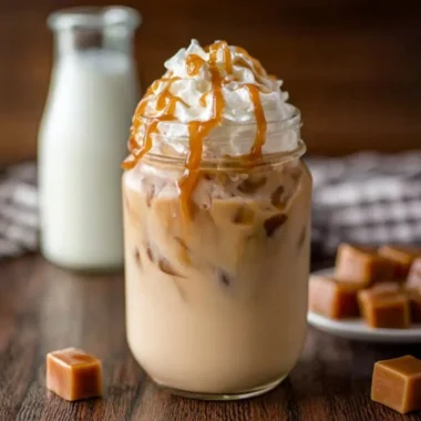 Delicious iced caramel latte topped with whipped cream and caramel drizzle