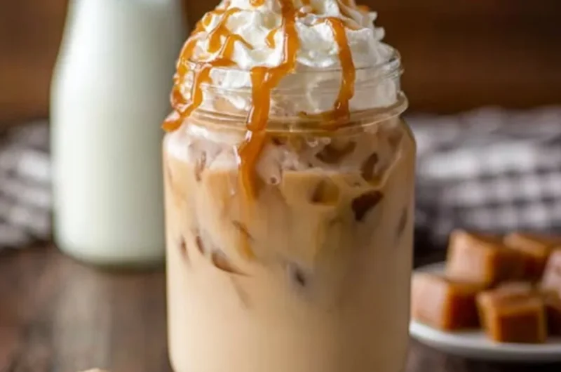 Delicious iced caramel latte topped with whipped cream and caramel drizzle