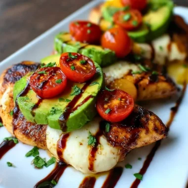Juicy grilled California avocado chicken served on a plate with fresh herbs.