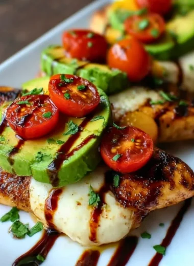 Juicy grilled California avocado chicken served on a plate with fresh herbs.