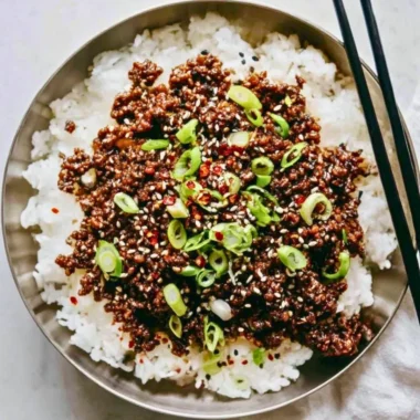 Delicious Korean beef dish made with healthy ground beef, served with vegetables.