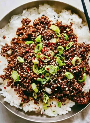 Delicious Korean beef dish made with healthy ground beef, served with vegetables.