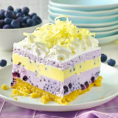 Delicious lemon blueberry lasagna with layers of lemon cream and blueberries.