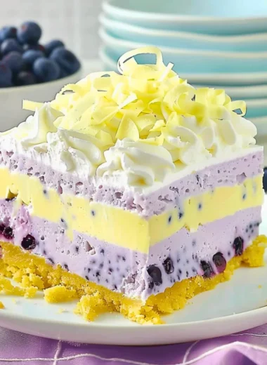 Delicious lemon blueberry lasagna with layers of lemon cream and blueberries.