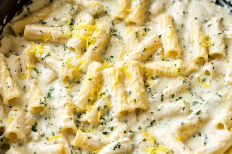 Creamy Lemon Garlic Sauce drizzled over pasta and garnished with parsley