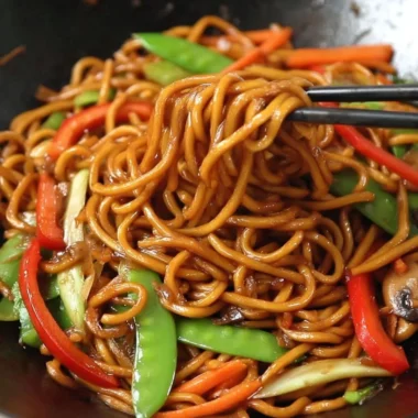 Delicious bowl of Lo Mein noodles with vegetables and shrimp