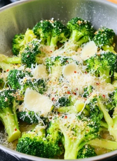 Delicious Garlic Parmesan Broccoli dish garnished with cheese and garlic