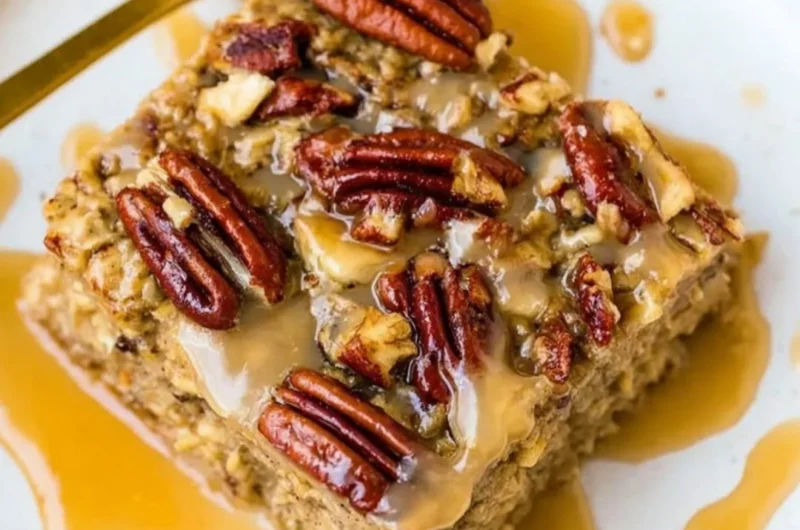 Maple Pecan Baked Oatmeal topped with pecans and maple syrup in a baking dish