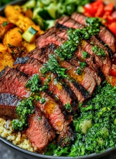Mediterranean steak bowl featuring marinated steak, fresh veggies, and herbs.