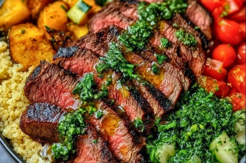 Mediterranean steak bowl featuring marinated steak, fresh veggies, and herbs.