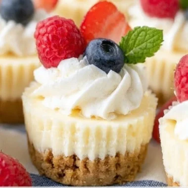 Delicious mini cheesecakes topped with fresh fruit on a white plate