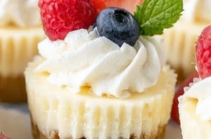 Delicious mini cheesecakes topped with fresh fruit on a white plate