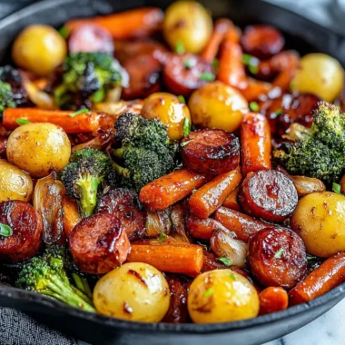 One-Pan Honey Garlic Kielbasa with colorful veggies for a quick family meal.