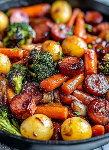 One-Pan Honey Garlic Kielbasa with colorful veggies for a quick family meal.